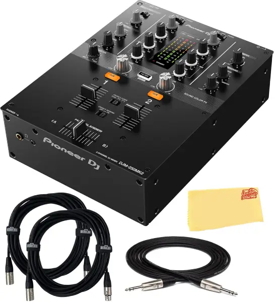 Pioneer DJM-250MK2 2-Channel DJ Mixer with Independent Channel Filter - Bundle with TRS Cable, 2 XLR Cables, and Austin Bazaar Polishing Cloth