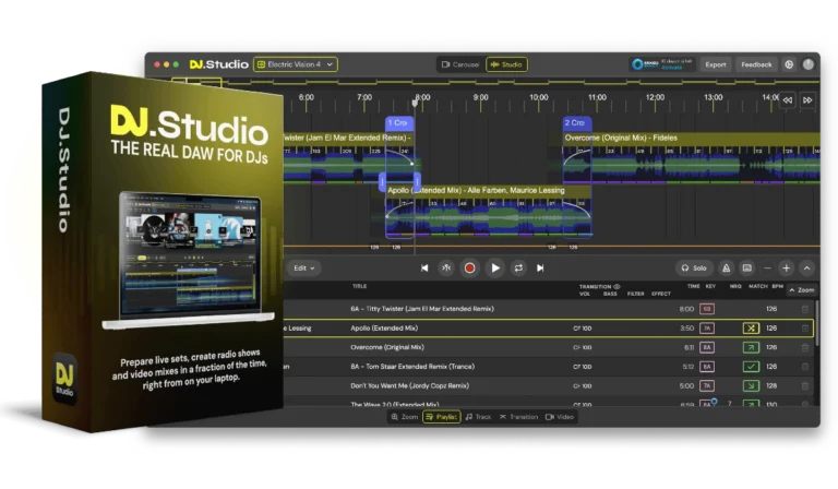 DJ Studio software, an easy-to-use platform for creating seamless DJ mixes, playlists, and professional event sets.